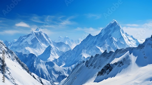 Panoramic view of snow covered mountains. Caucasus Mountains, Georgia, region Gudauri.