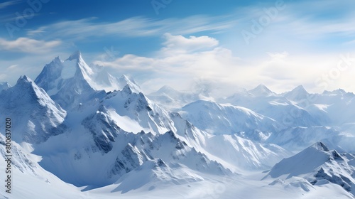 Panoramic aerial view of snowy mountains and blue sky. 3D illustration