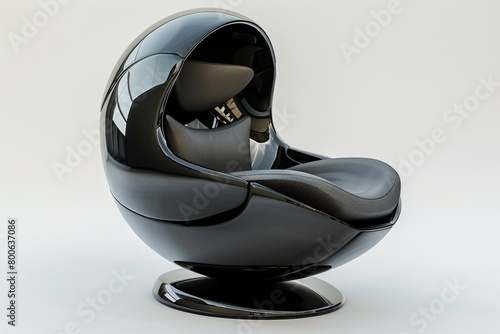 A futuristic egg chair with a glossy black finish and integrated touchscreen controls, isolated on solid white background.