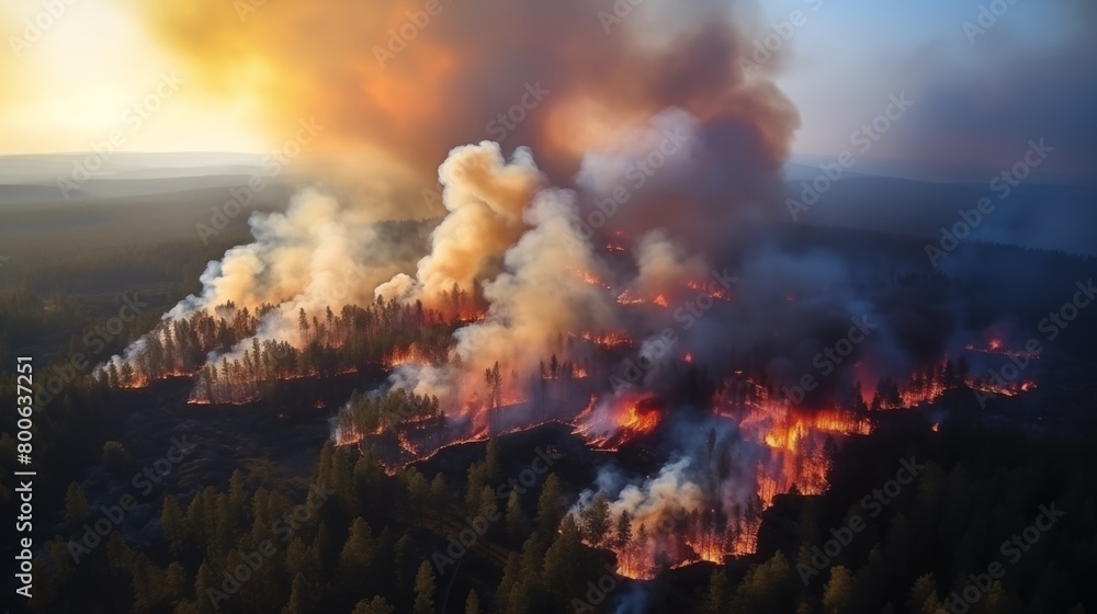 Forest fire aerial drone top view. Strong forest fire , wildfire with smoke and burning trees from the height of a bird flight. Ecological catastrophe