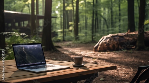 Laptop computer on wooden table in morning forest with aromatic cup of coffee. Remote office work outside ,  from anywhere, photo
