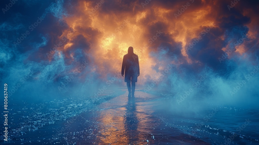 Obraz premium A person walking on a path through the ocean with smoke and fire in front of him, AI
