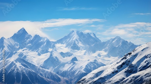 Panoramic view of snowy mountains in sunny day. Caucasus, Russia