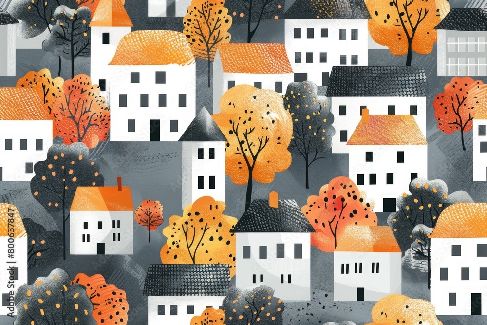 A scenic view of houses and trees with orange leaves. Suitable for seasonal promotions