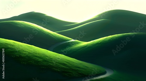 Serene Green Hills Bathed in Sunlight: A Tranquil Landscape Photo. Ideal for Backgrounds and Wallpapers. Nature's Beauty Captured. AI