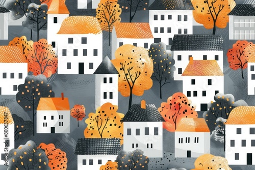 A scenic view of houses and trees with orange leaves. Suitable for seasonal promotions © Fotograf