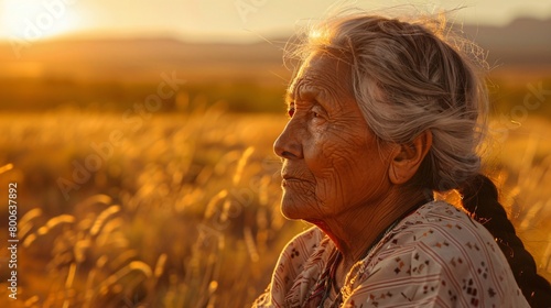 A cinematic of an old native American woman in the field