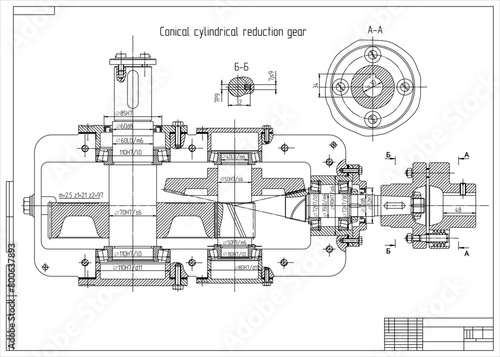 Assembly drawing of reducer. Vector drawing of steel mechanical device with shaft, gear,  electric engine, bolted connection and dimension lines. Engineering cad scheme. Technical template. 