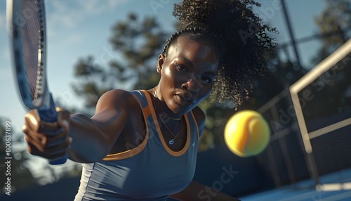 Close-up of a young afro-american woman hitting a tennis ball on a court