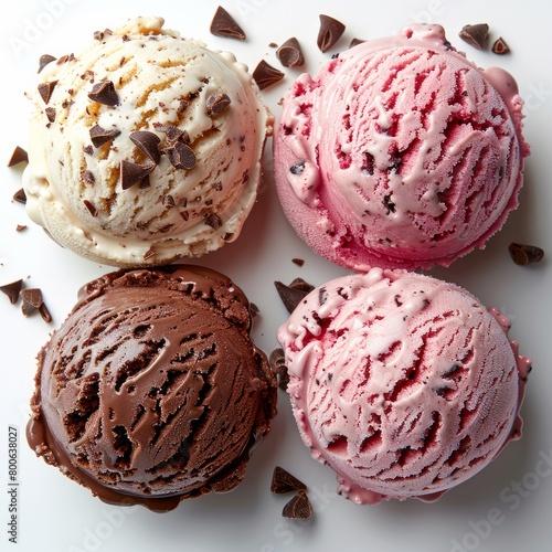 Chocolate ice cream   strawberry ice cream   vanilla ice cream scoop with cone isolated on white background. Generative AI