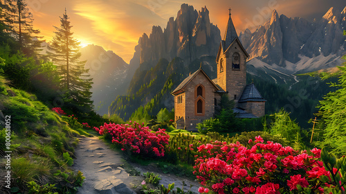 A charming stone church stands prominently in the foreground, nestled amidst lush greenery. Its pointed roof and steeple add to its quaint charm