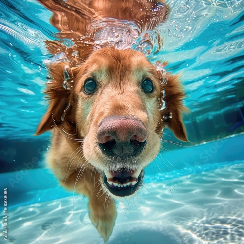 Golden Retriever gracefully swimming underwater in a sparkling pool, showcasing its natural love for water and playful spirit
