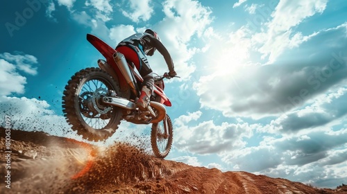 A man riding a dirt bike on top of a dirt hill. Suitable for outdoor sports and adventure concepts © Fotograf