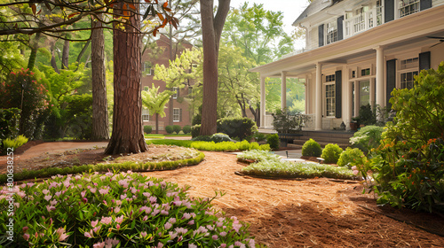 White house with porch  surrounded by trees and flowers in a lush landscape