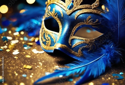 'dazzling effects. feathers confetti gold mask premium Incredibly blue carnival light detailed dust generative ai masquerade mardi gras glistering disguise background'