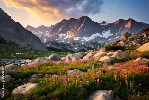 Panoramic view of the beautiful alpine meadow with pink flowers