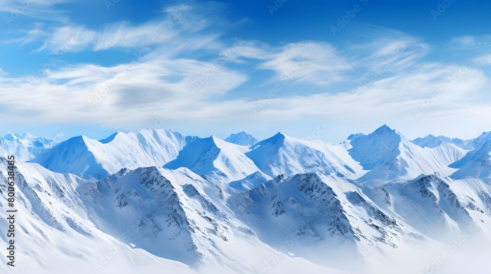 Snowy mountains panoramic view with blue sky. 3D illustration