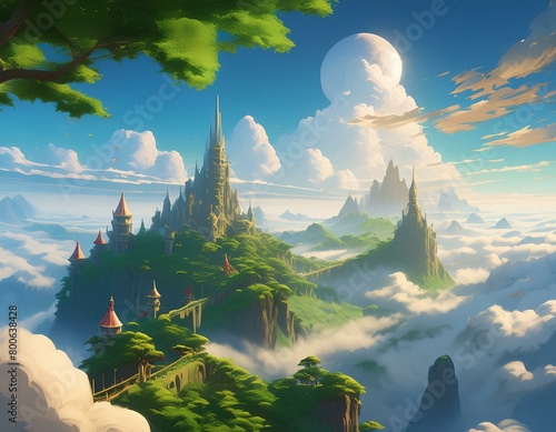 RPGビデオゲームオープニングお城と都市全景が見える自然画面風背景