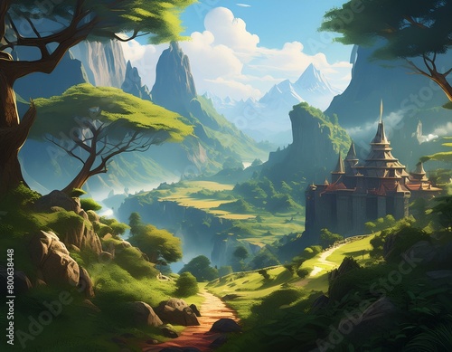 RPGゲームオープニングお城と都市全景が見える自然画面風背景