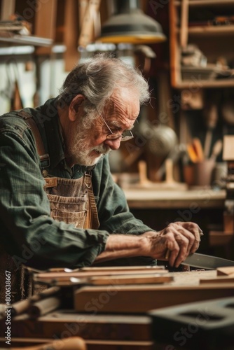 A man busy working on a piece of wood. Suitable for carpentry or woodworking concepts