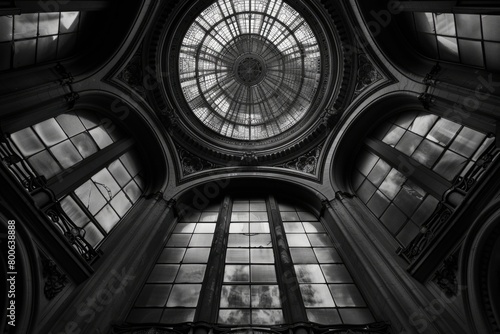 A striking black and white image of a clock tower dome. Suitable for architectural and historical projects