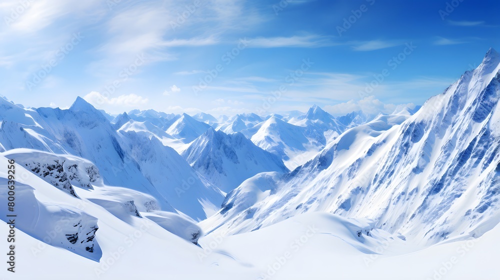 panoramic view of the mountains in winter with snow and blue sky