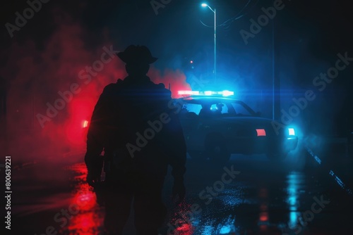 A police officer standing in front of a police car. Suitable for law enforcement concepts