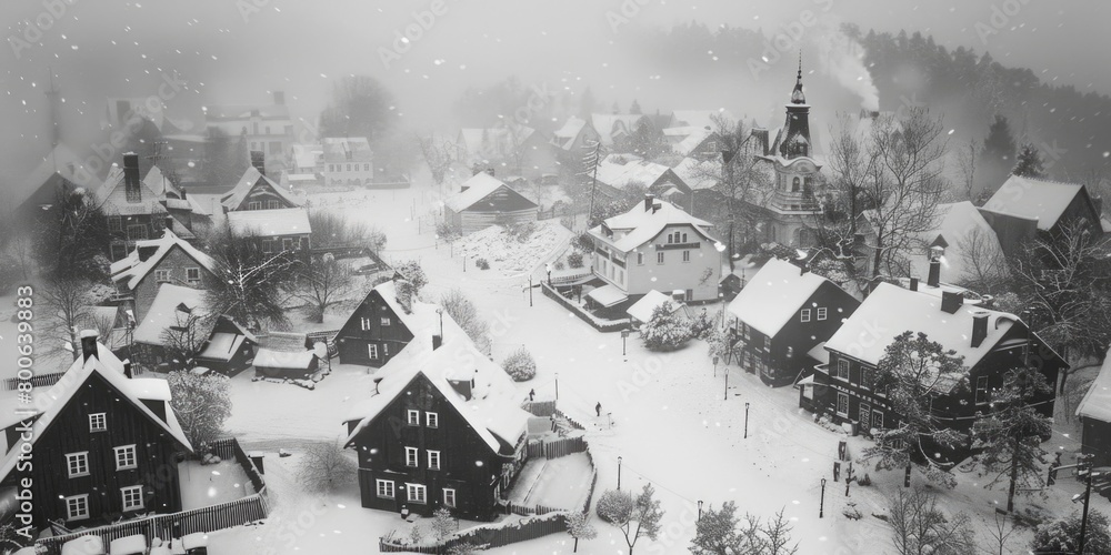 A black and white image of a town covered in snow. Perfect for winter-themed projects