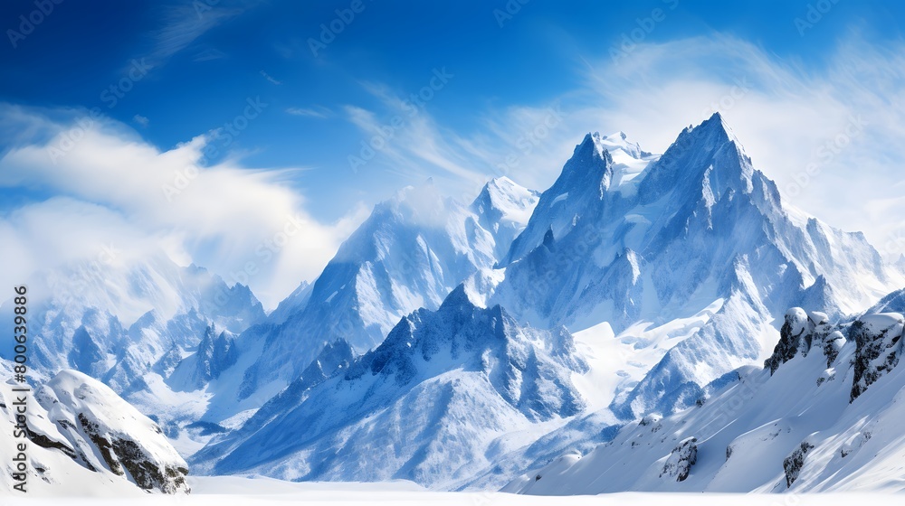 Snowy mountains under blue sky with clouds, panoramic view