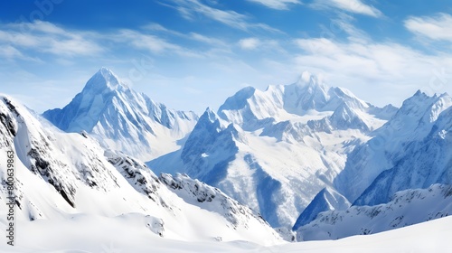 panoramic view of the snowy mountains in the French Alps.