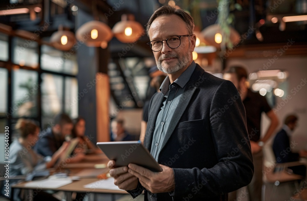 a confident middle-aged man in business attire stands at the head of a meeting table at the office a confident middle-aged man in business attire stands at the head of a meeting table at the office