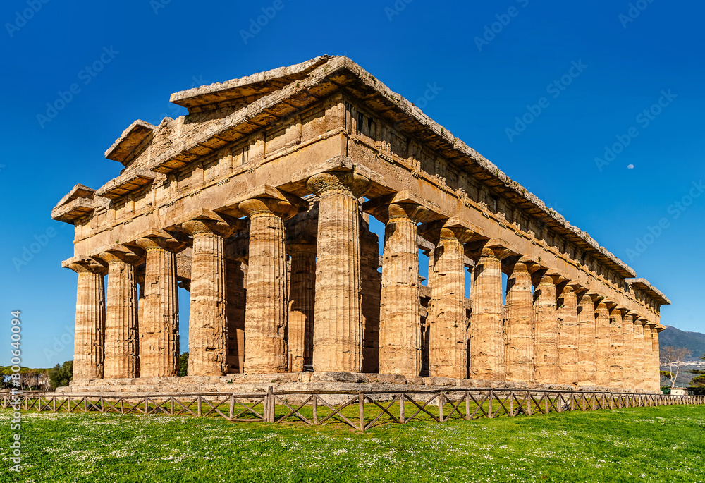 The ruins of an ancient temple. The Greek temple. Front view.  Paestum SA, Italy