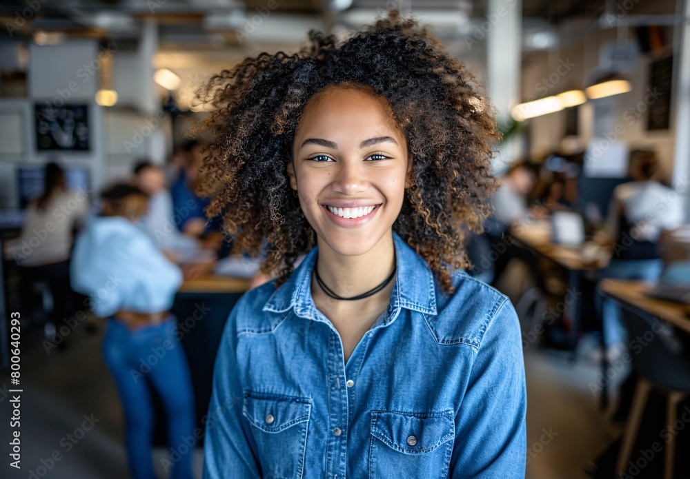A confident young woman with curly hair wearing blue A confident young woman with curly hair wearing blue