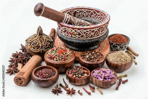 A collection of various spices in wooden bowls. Ideal for culinary concepts