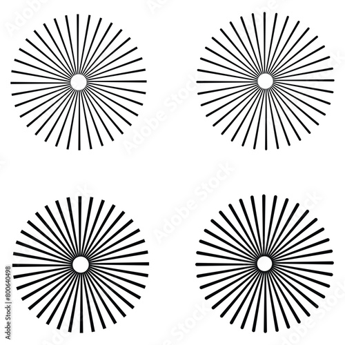 Sunburst icon in liner style. Burst symbol vector collection. Radial sun burst. Black-white round sunburst icons. Starburst circles. Vector illustration. Eps file 224.
