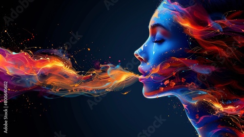 A woman blowing smoke out of her mouth with colorful flames, AI photo