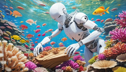 A humanoid with a torso of reclaimed wood, restoring a coral reef underwater,