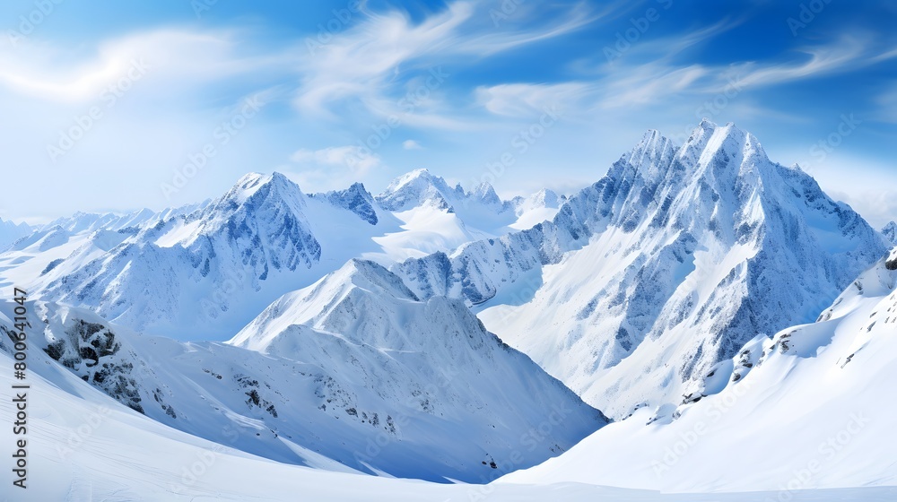 Panoramic view of snowy mountains in winter, Caucasus, Russia