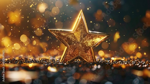 A golden star on a shiny surface. Perfect for holiday decorations