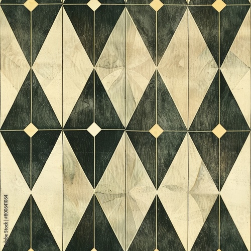 Antique textured diamond tile pattern with a classic black, white, and gold color scheme, giving a sense of vintage elegance.