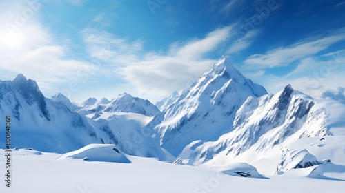 Snowy mountains panorama. Beautiful winter landscape with snowdrift.