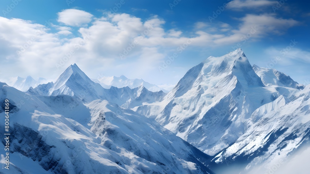 beautiful panoramic view of snowy mountains in the blue sky