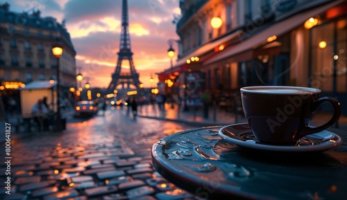 a cup of coffee on the table next to the eiffel tower