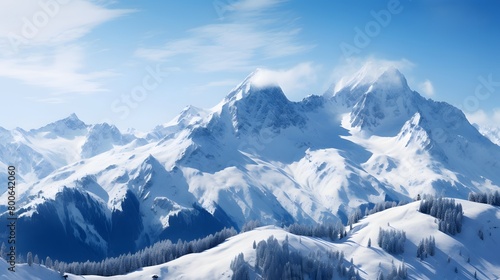 Winter mountains panorama with snow covered peaks and blue sky. 3d illustration