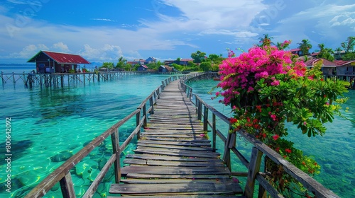 A wooden bridge leads to the water on tropical Maldives island with sandy beach and sea.