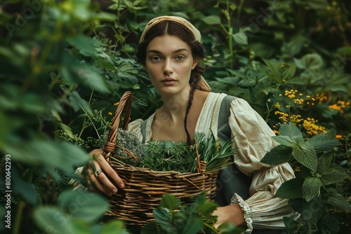 An enigmatic young woman presents with an intense gaze, posing in an ethereal setting with dark green foliage and a woven basket