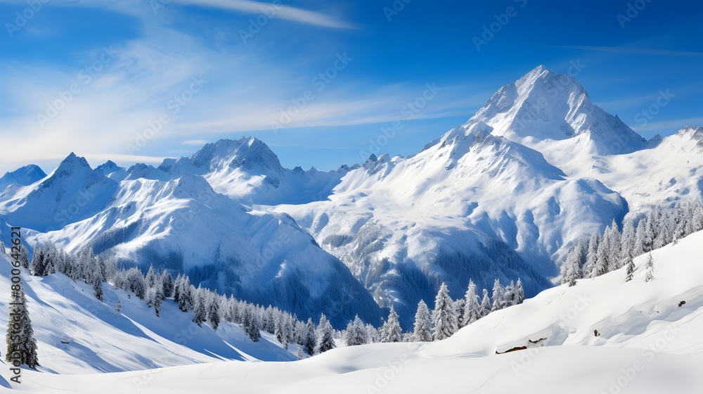 Winter mountain panorama with snow covered peaks and coniferous forest