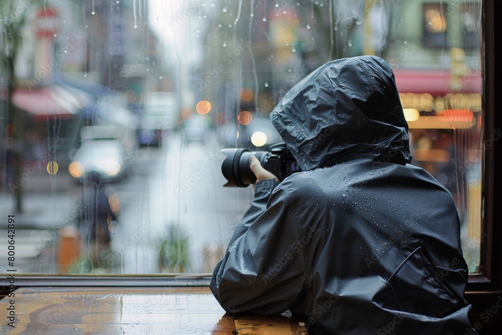 A person in a raincoat takes photos through a rain-dropped window, capturing the essence of a rainy day in the urban landscape A person in a raincoat takes photos through a rain-dropped window, capturing the essence of a rainy day in the urban landscape