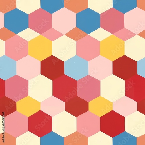 A hexagonal mosaic featuring a harmonious pastel color palette, creating a pleasing geometric pattern on canvas.