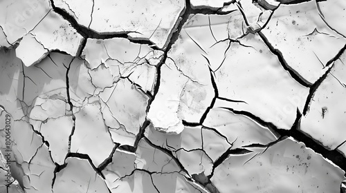 A high-contrast image of cracked soil painted in whites, symbolizing barrenness and drought conditions photo